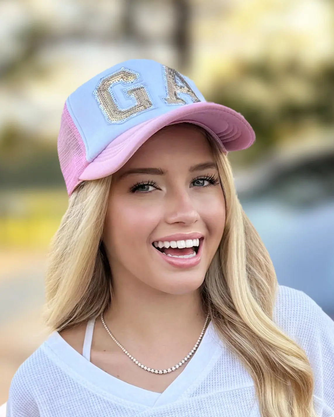 Judith March White & Pink Trucker Hat With Gold Sequin “GA” American Graham Apparel