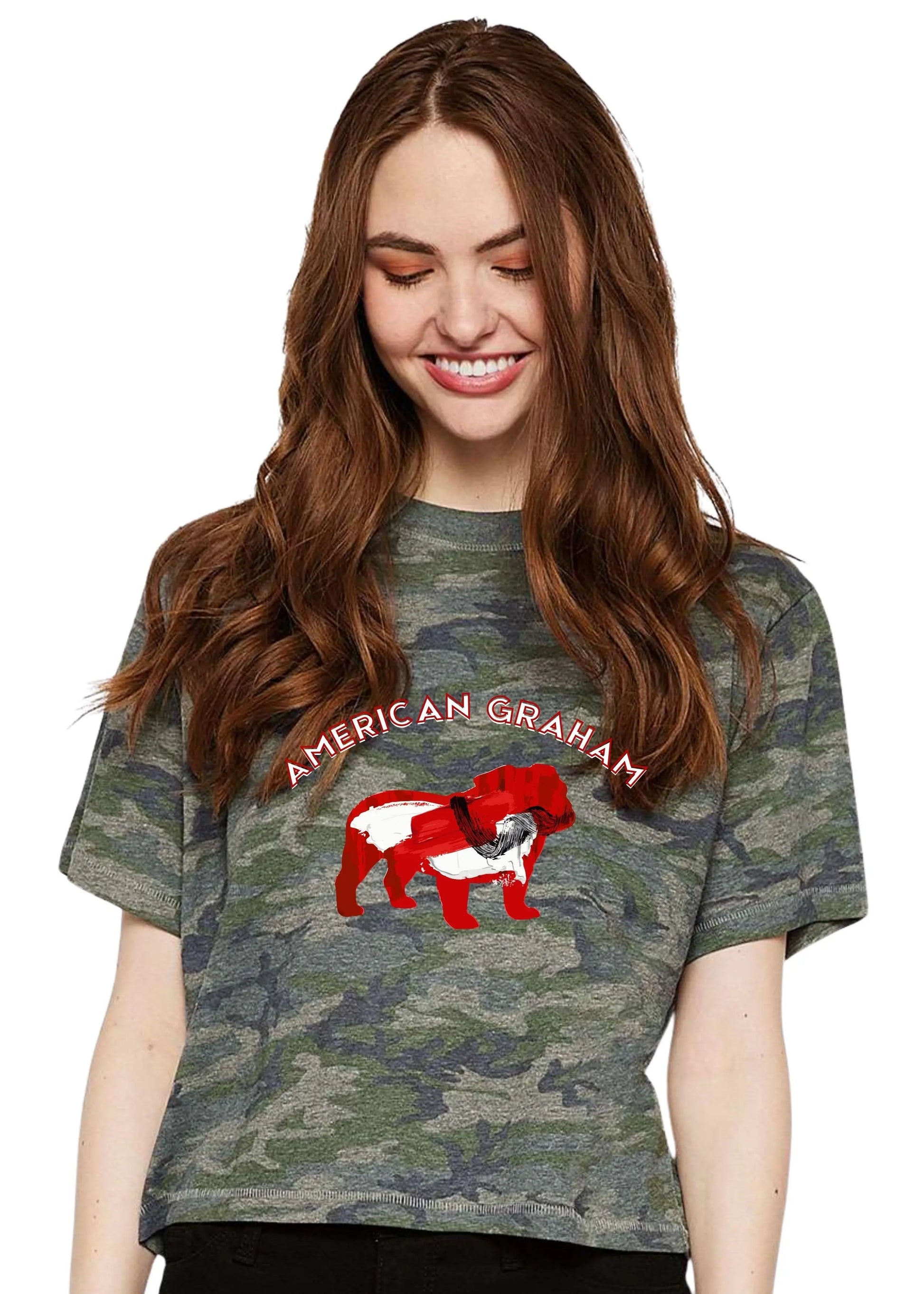 RED & BLACK ATTACK Abstract Bulldog Women's Camo Cropped Graphic T-Shirt - American Graham Apparel (Copy) American Graham Apparel