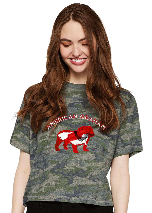 RED & BLACK ATTACK Abstract Bulldog Women's Camo Cropped Graphic T-Shirt - American Graham Apparel (Copy) American Graham Apparel