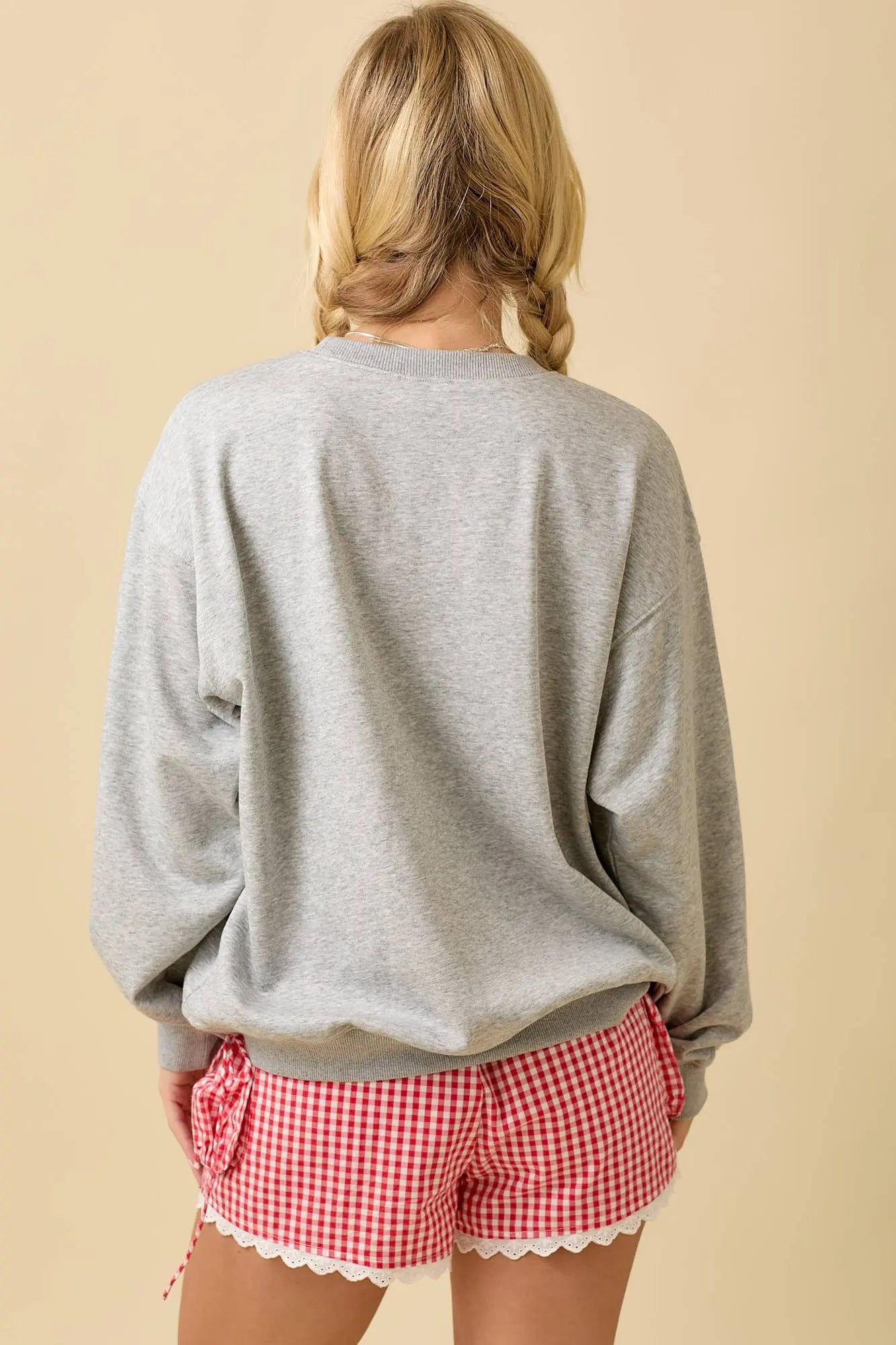 Game Day Cheer Patchwork Long Sleeve Crewneck Top: HEATER GREY / S Main Strip