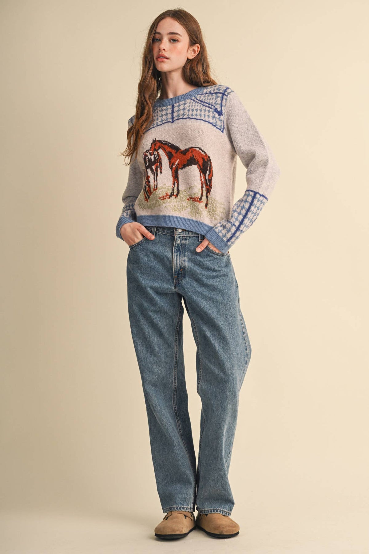 Dusty Blue Horse Motif Houndstooth Knit Sweater