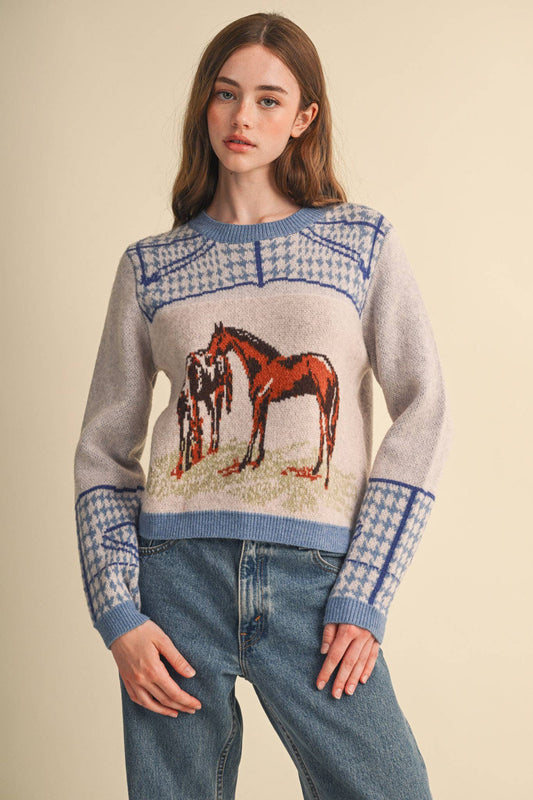 Dusty Blue Horse Motif Houndstooth Knit Sweater
