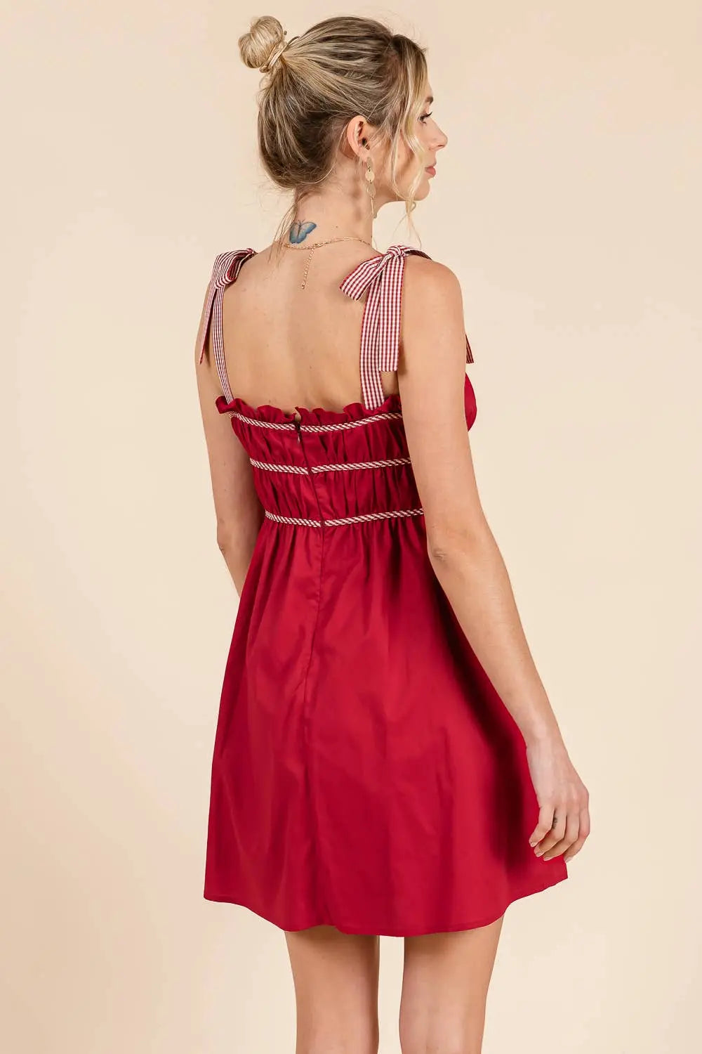 Gameday Cotton mini dress with gingham binding details: MAROON / L BABY PINK