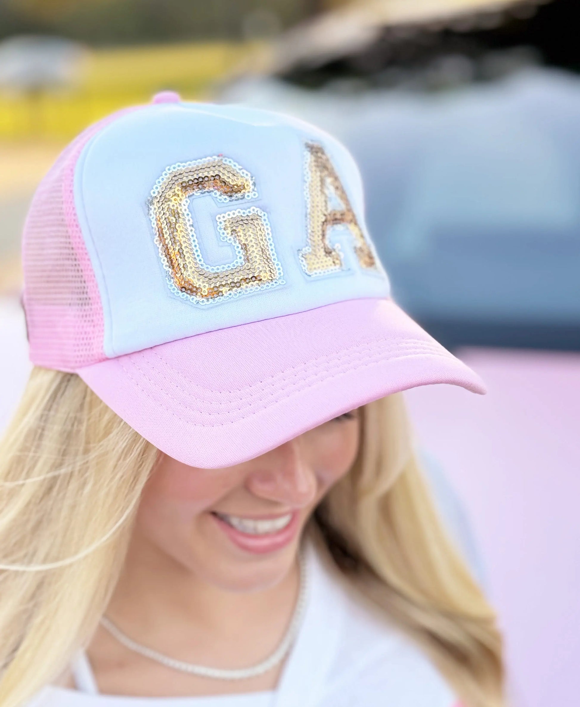 Judith March White & Pink Trucker Hat With Gold Sequin “GA” American Graham Apparel