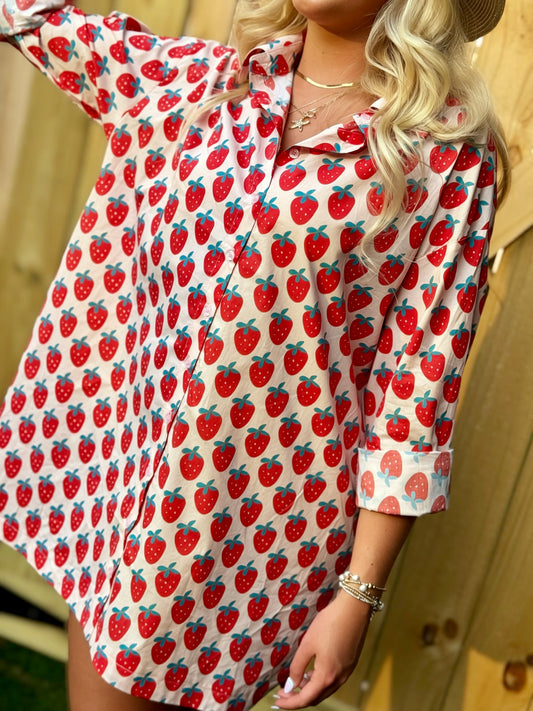 Strawberry Print Oversized Shirt Dress | Beach Cover-Up Button Down | Women’s Cotton Resort Dress