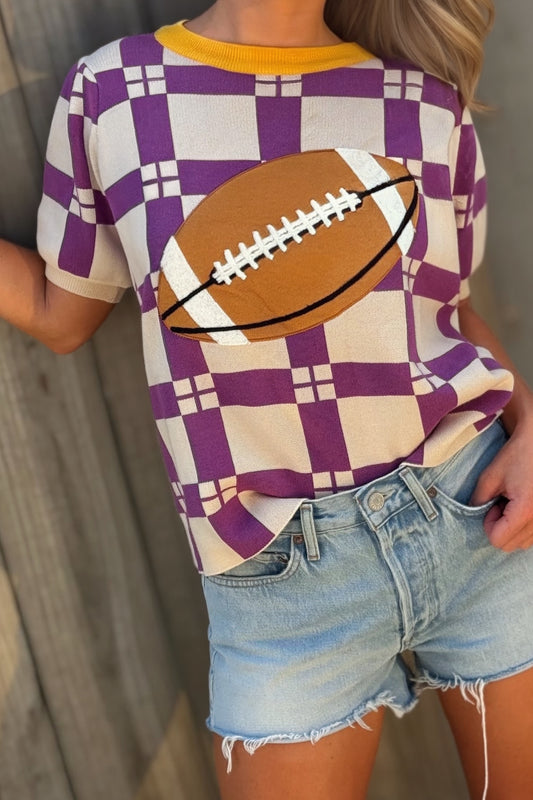 Purple & Gold Checkered Football Patch Game Day Knit Top