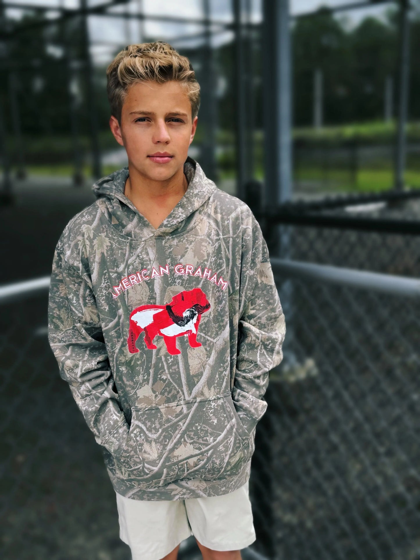 Youth Abstract Bulldog on Deadwood Camo Graphic Hoodie - American Graham Apparel American Graham Apparel