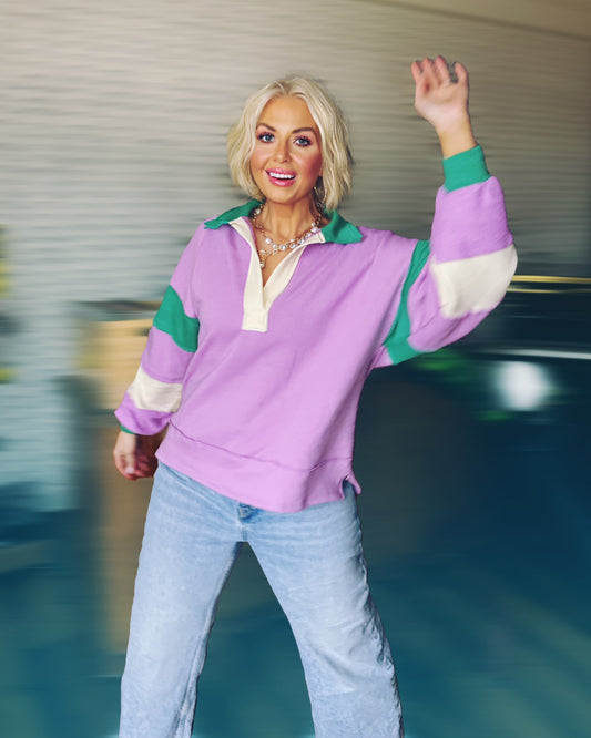 Lilac On The Lawn- French Terry Color-Block Collared Oversized Top
