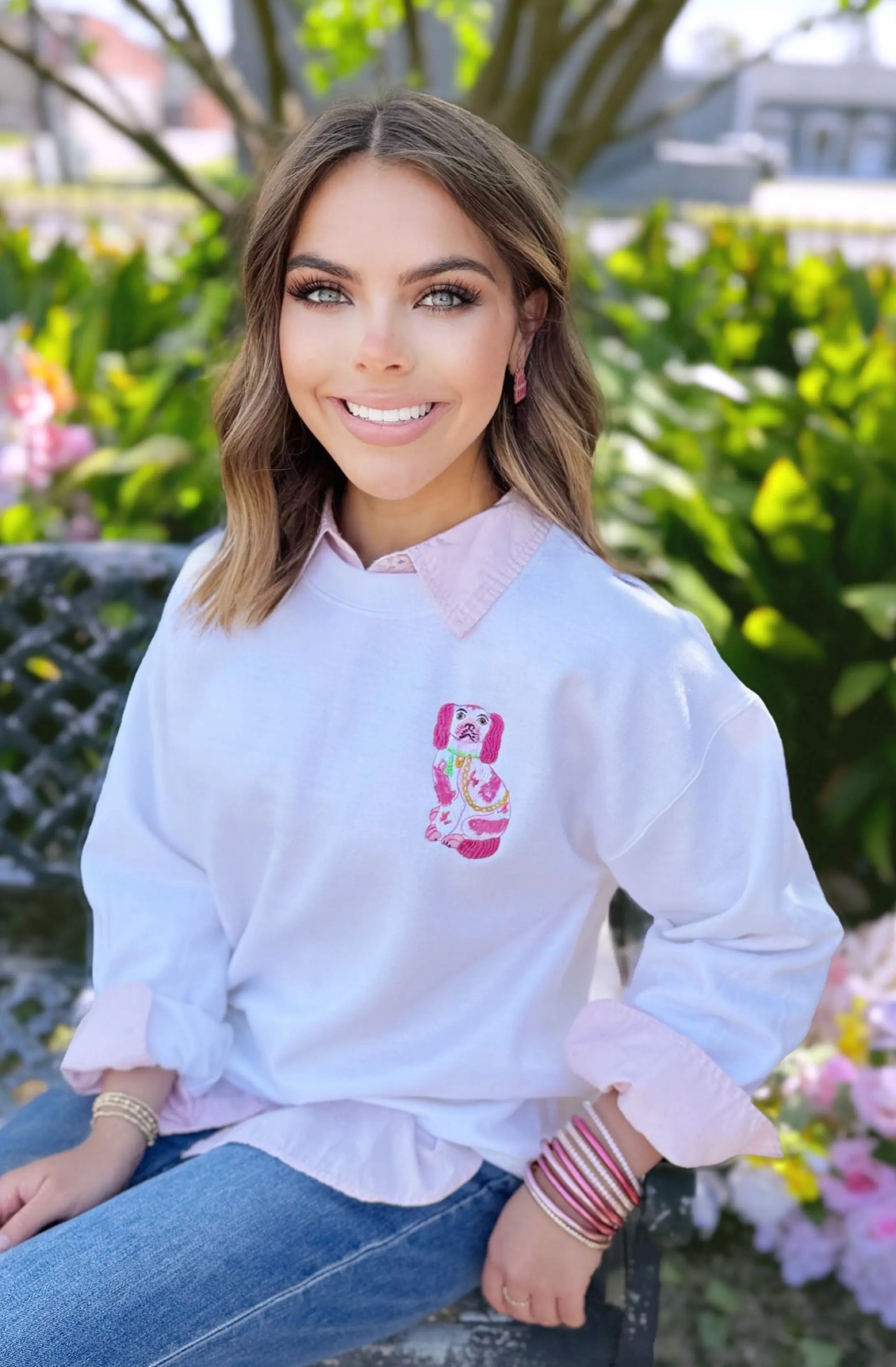 Southern Charm Sweatshirt: Pink Staffordshire Embroidery Above All Designs