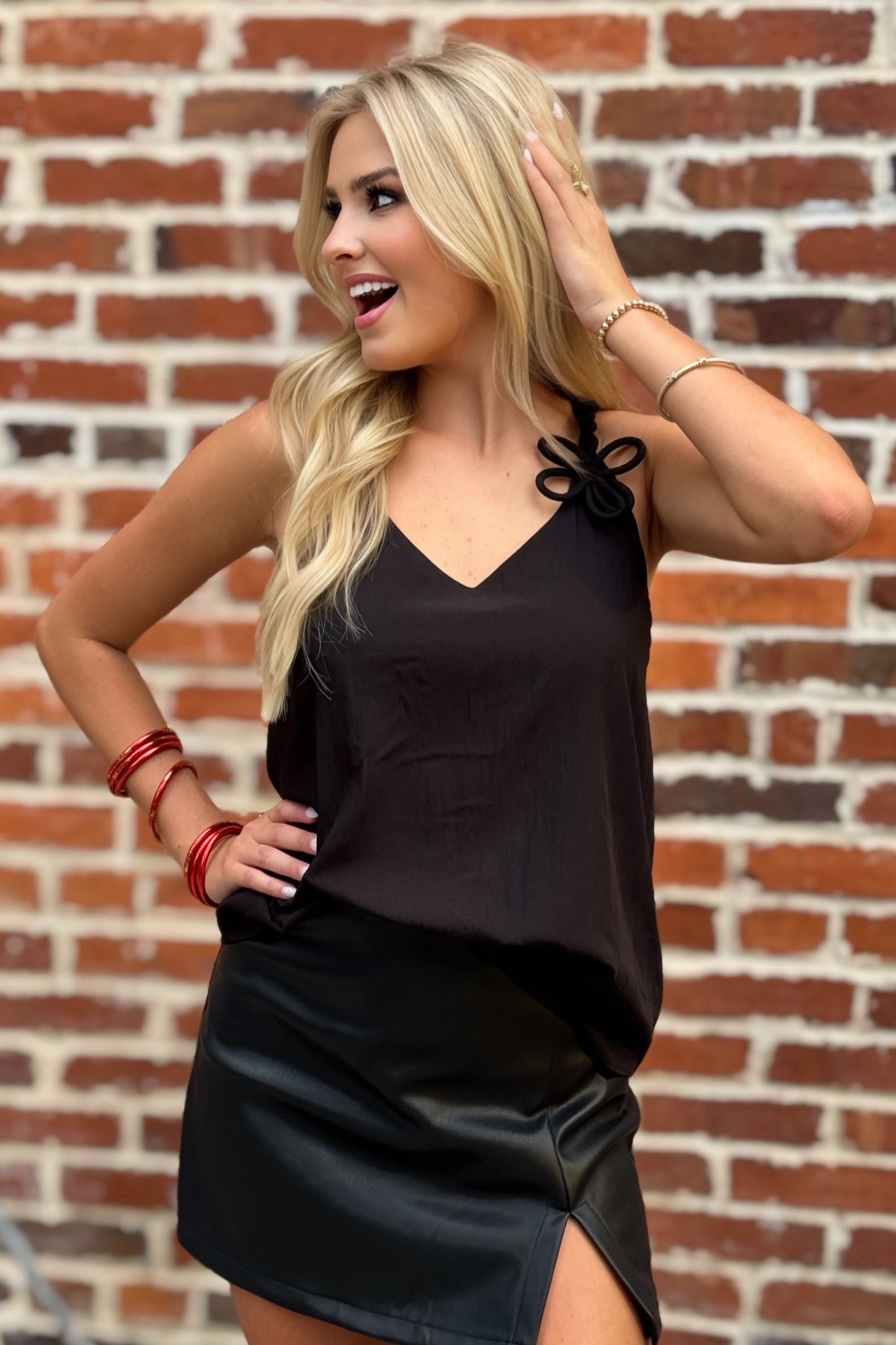 Lightweight Breezy Black Twisted Flower Tank Top