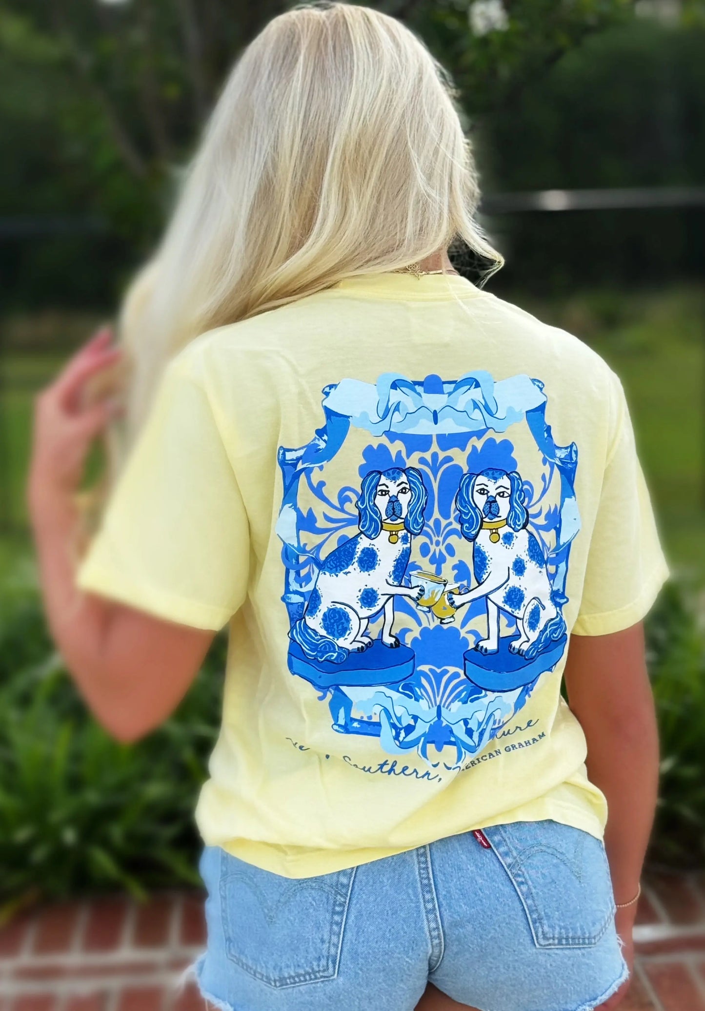 Demure Dogs, Spring Chinoiserie Blue & White Artisan Graphic Tee American Graham Apparel