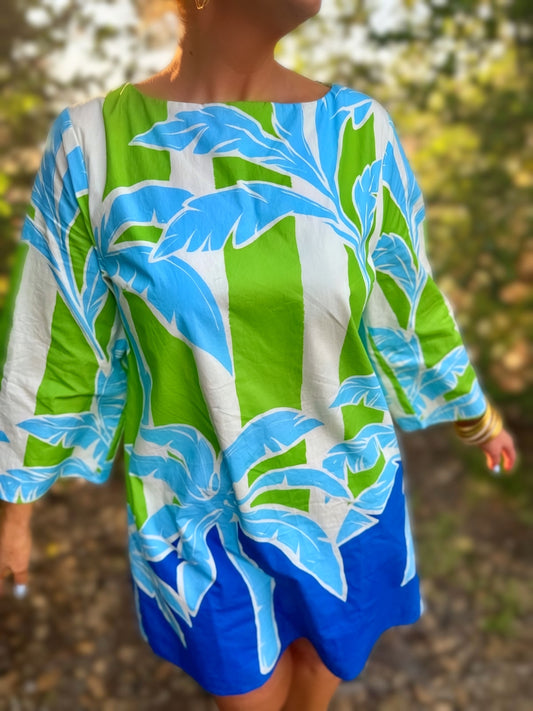 Ein bedrucktes, gewebtes Minikleid - ID23478: GRÜN BLAU / Zeitgenössisch / L