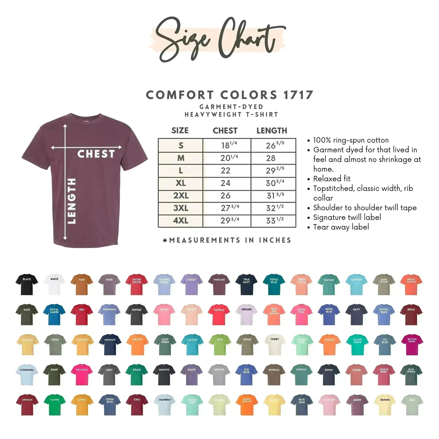 Comfort Colors- Adult T-Shirt Size Chart