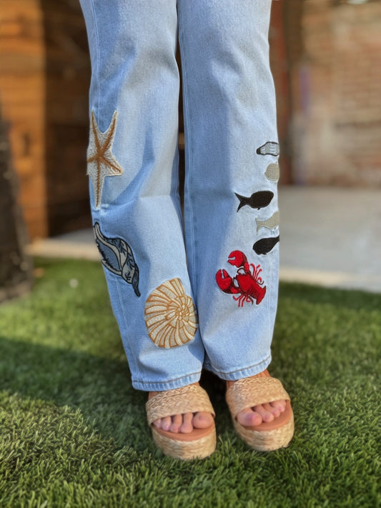 91804P Ocean Jeans mit geradem Bein und Stickerei: HELLBLAU / S-M-L (2-2-2)
