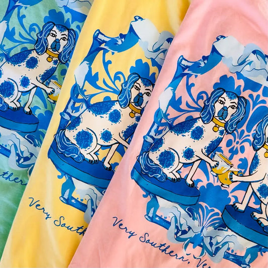 Demure Dogs, Spring Chinoiserie Blue & White Artisan Graphic Tee American Graham Apparel