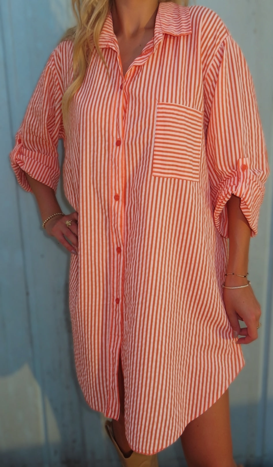 Sunset Stroll Italian Orange Stripe Shirt Dress