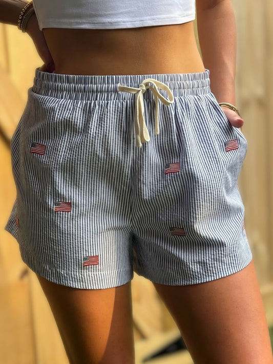 Stars & Stripes Flag Embroidered Navy Seersucker Lounge Shorts