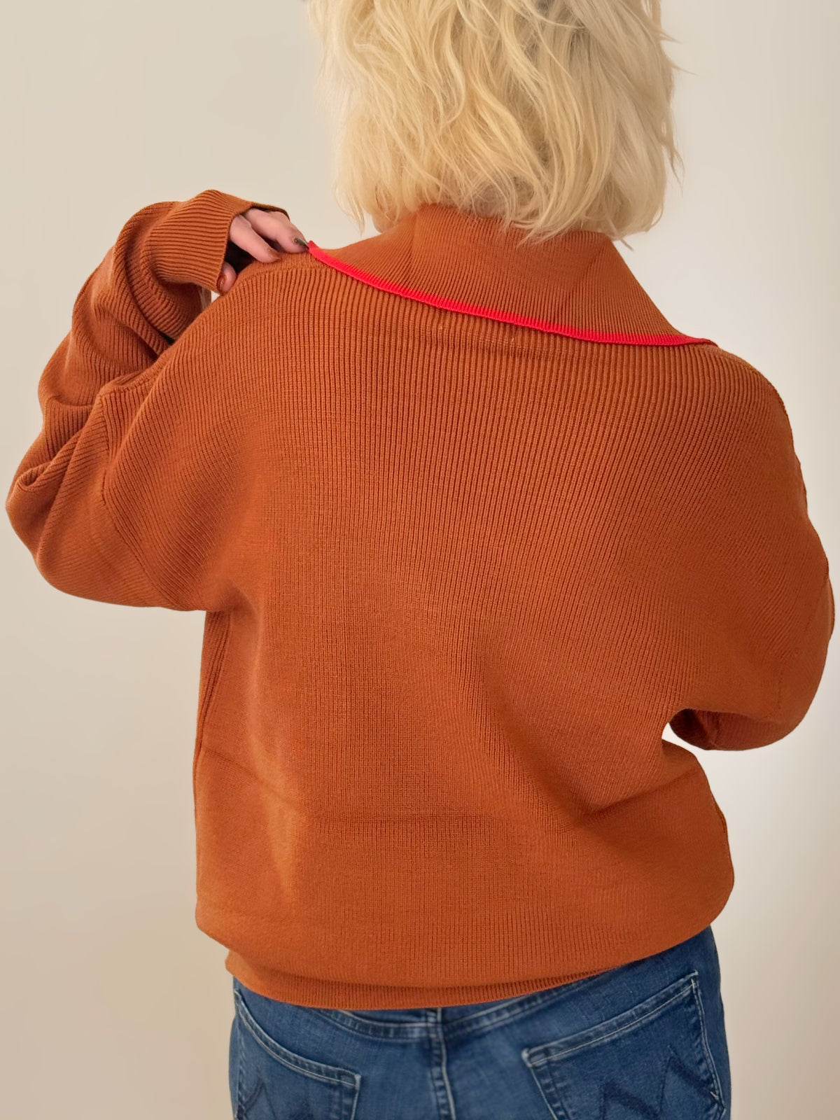 Ginger Ribbed Collared V-Neck Pullover Sweater