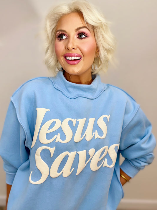 sky blue Jesus Saves oversized mock neck Christian sweatshirt with puff print graphic