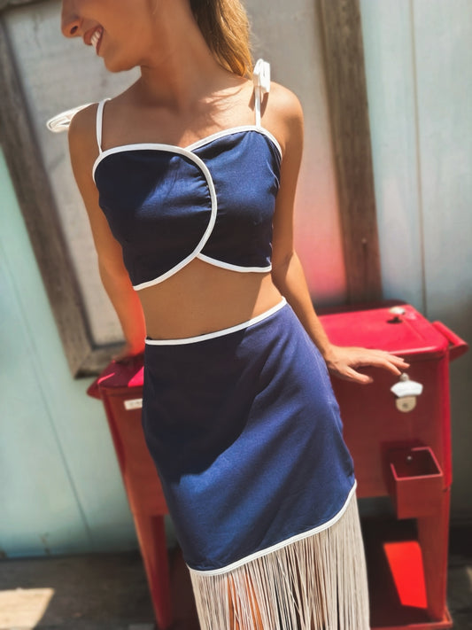 Navy Fringe Crop Top & Skirt Set
