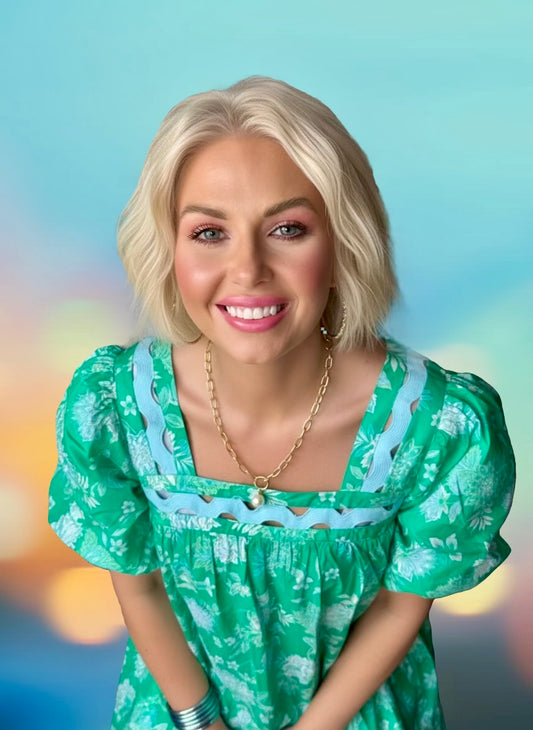 Bloom & Swoon Floral Garden Ric-Rac Puff Sleeve Kelly Green Mini Dress