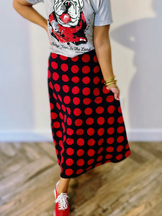 Red & Black Polka Dot Midi Skirt – Classic Statement Skirt