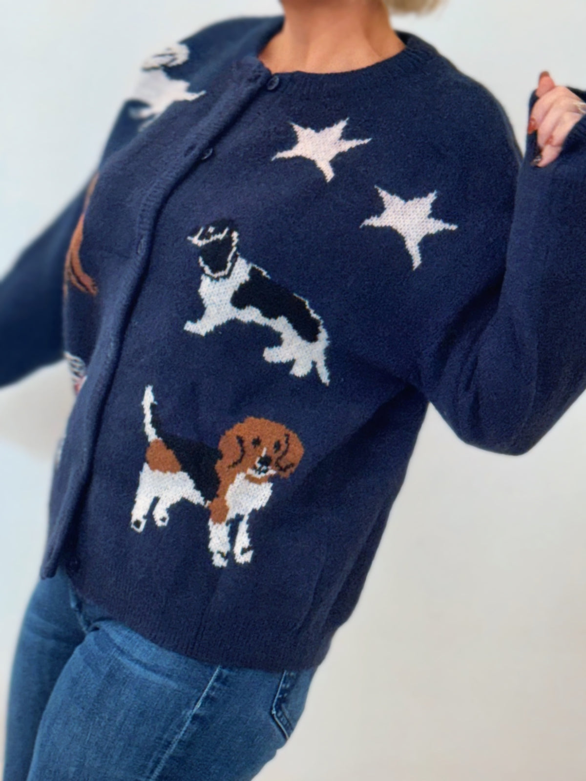 Navy Dog Knit Button-Down Cardigan Sweater