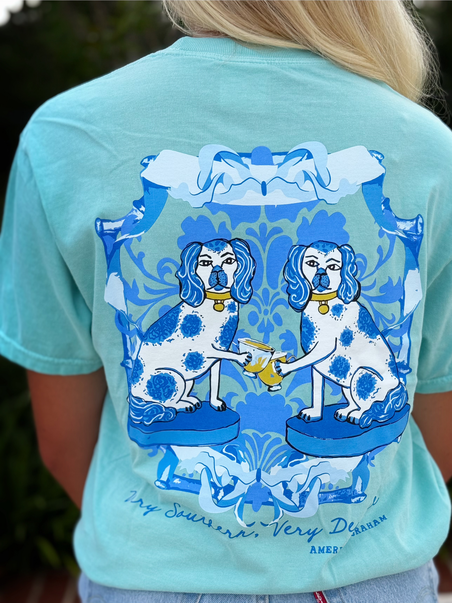 Demure Dogs, Spring Chinoiserie Blue & White Artisan Graphic Tee American Graham Apparel