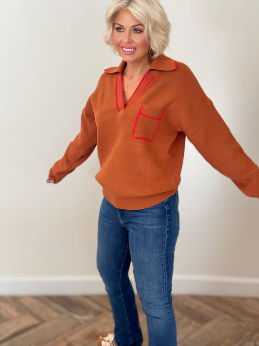 Ginger Ribbed Collared V-Neck Pullover Sweater