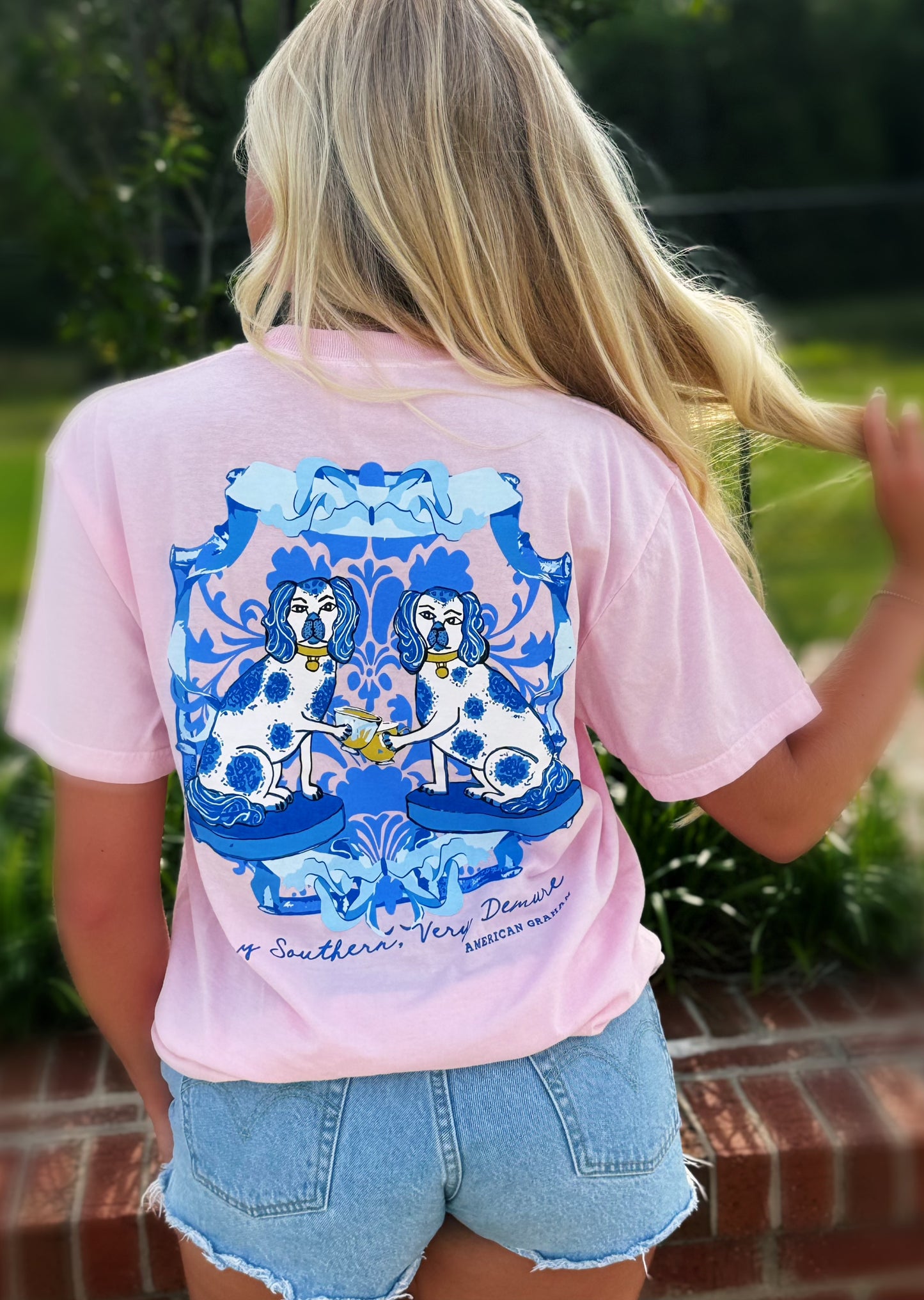 Demure Dogs, Spring Chinoiserie Blue & White Artisan Graphic Tee American Graham Apparel