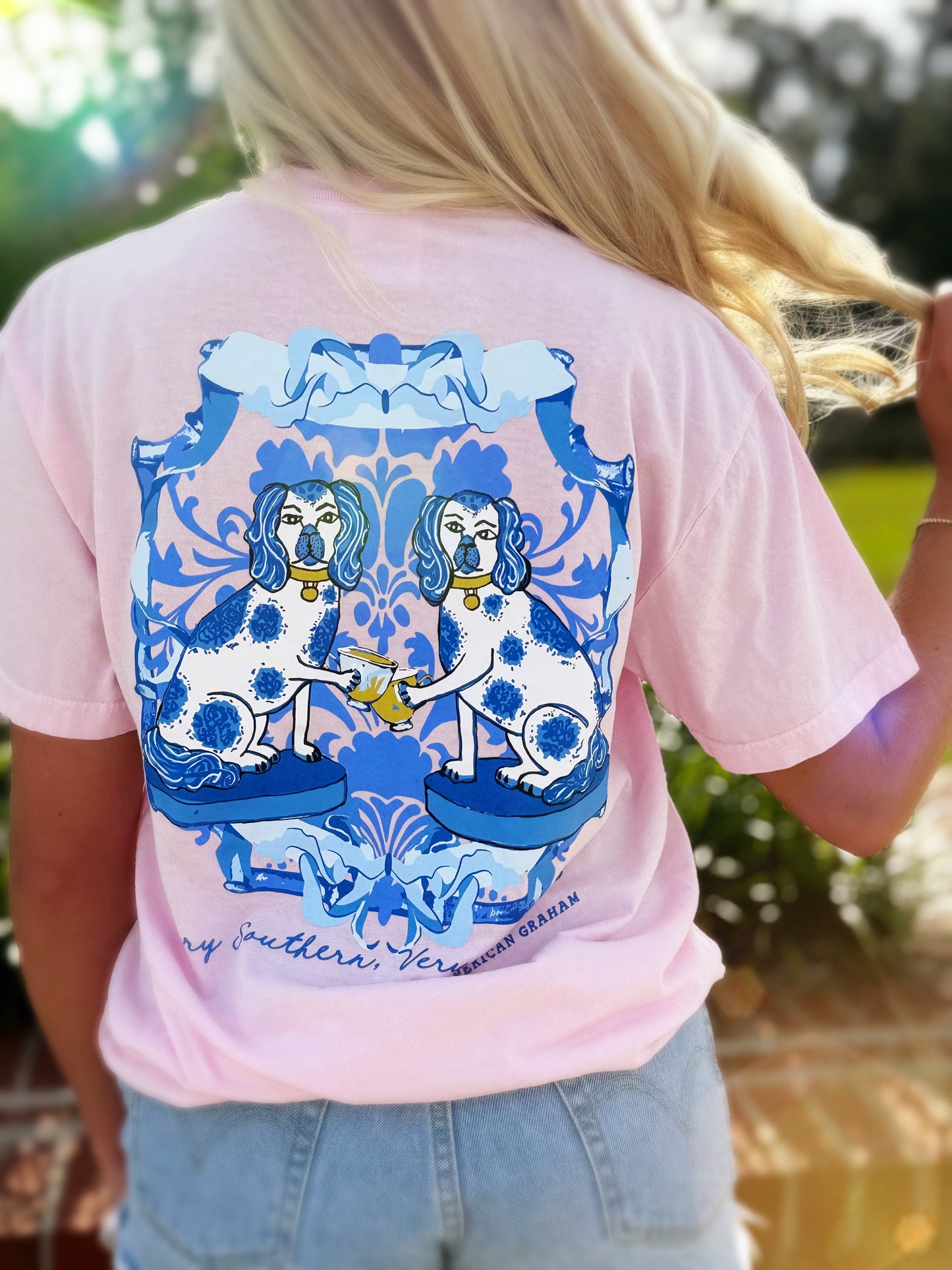 Demure Dogs, Spring Chinoiserie Blue & White Artisan Graphic Tee American Graham Apparel