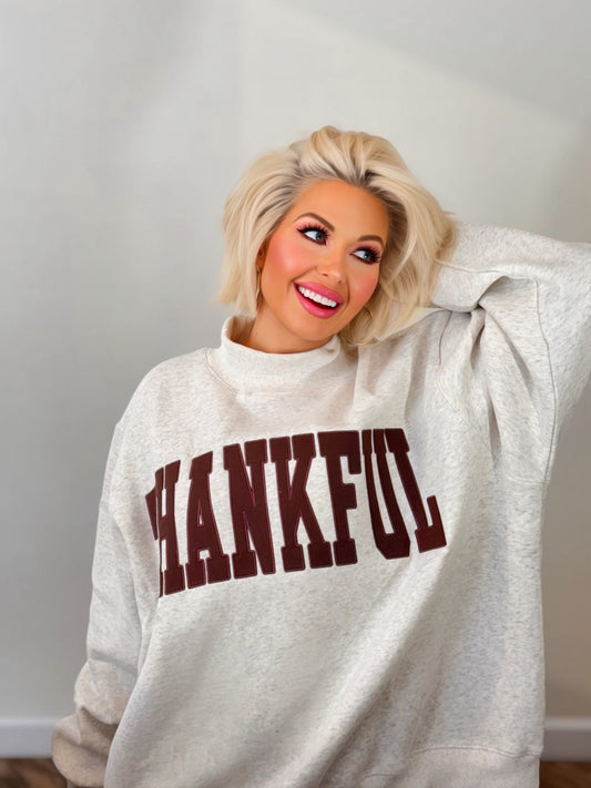 THANKFUL Oatmeal Appliqué Oversized Mock Neck Sweatshirt