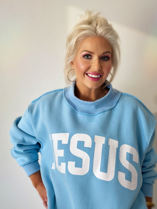 reversible christian sweatshirt jesus god is good sky blue oversized mock neck pullover women cozy