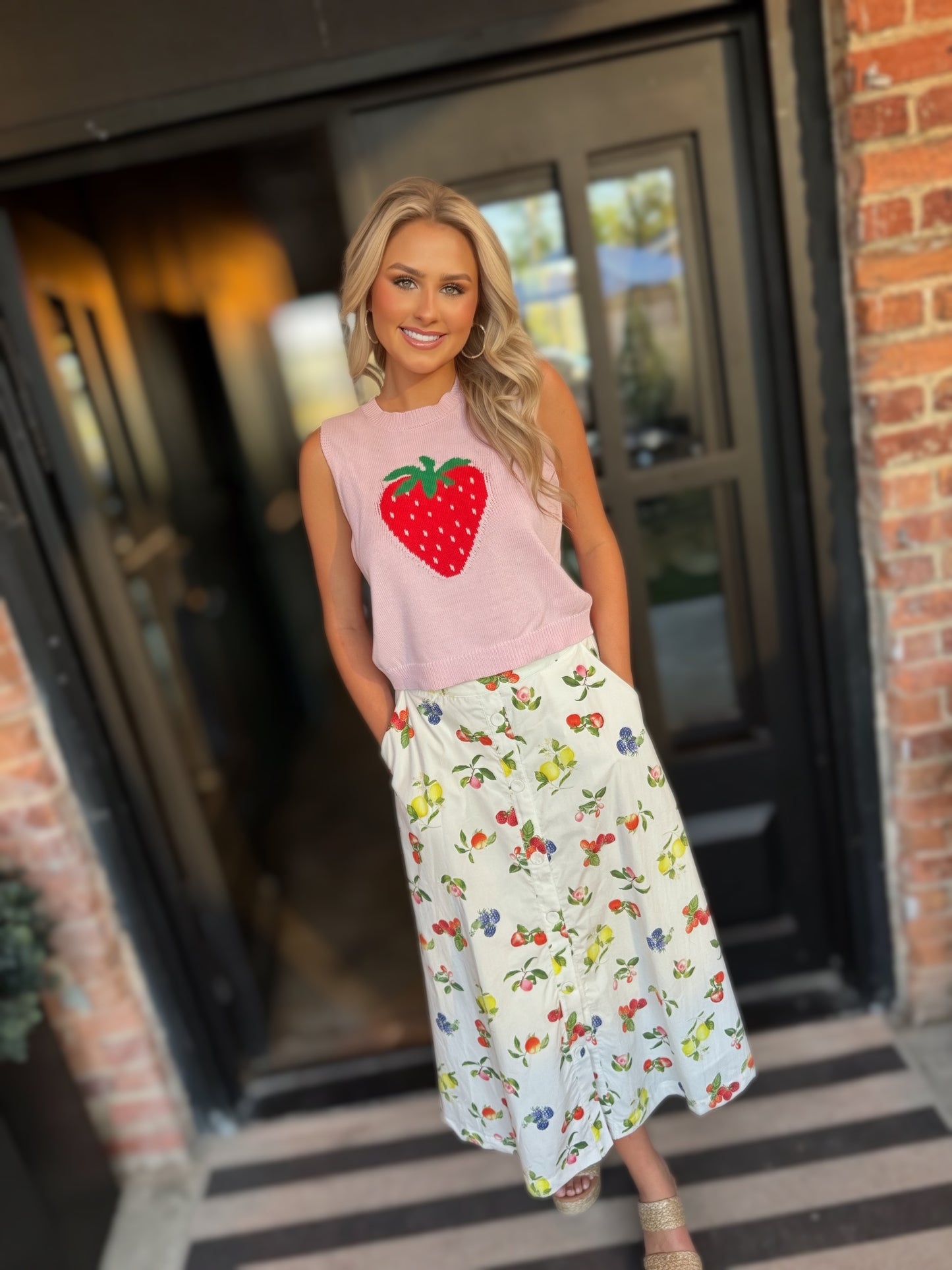 Pink Strawberry Graphic Knit Tank | Women’s Cropped Summer Top | Cute Fitted Sleeveless Sweater Tank | Trendy Fruit Top