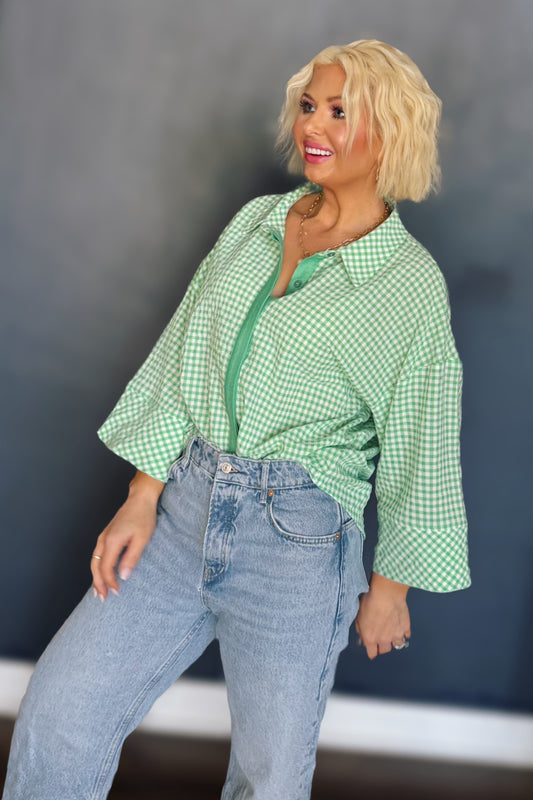 Gingham & Grace Kelly Green Relaxed 3/4 Sleeve Button-Down Top