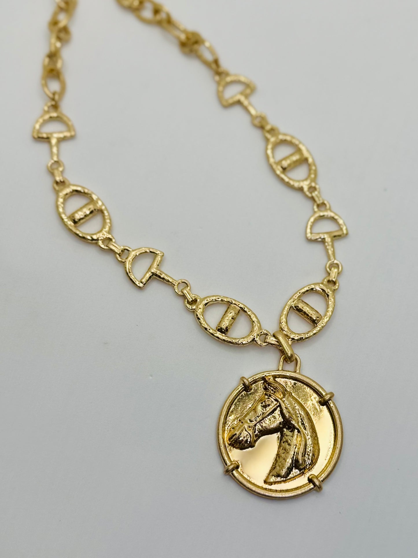 Derby Girl Necklace Set Featuring Horsehead Round Coin & Horsebit Chain