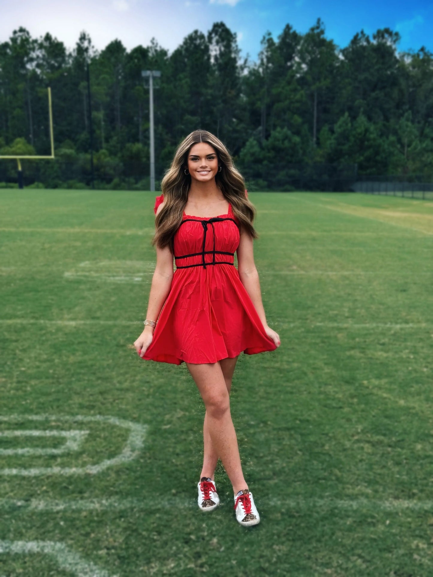 Red & Black Gameday Frill Shoulder Strap Mini Dress - American Graham Apparel BABY PINK