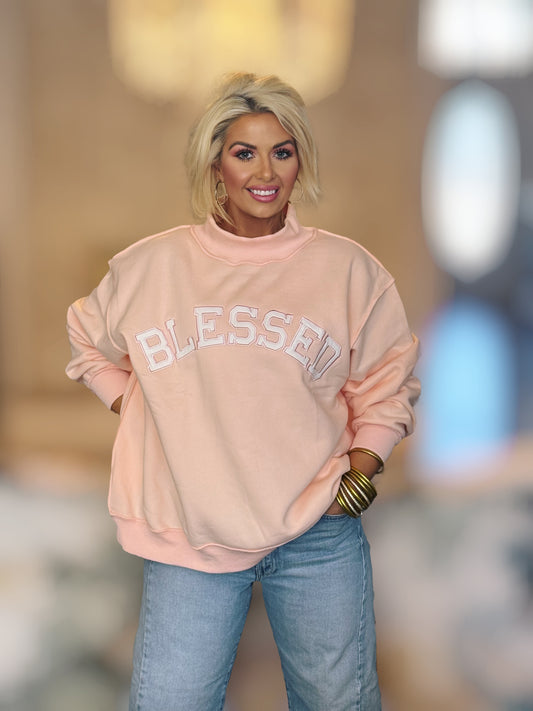 Sweat-shirt col montant brodé rose bébé Sweet Peony BLESSED - American Graham Apparel