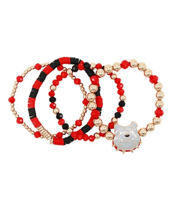 Red & Black Game Day Bulldog Mascot Charm Beaded Stretch Bracelet Set