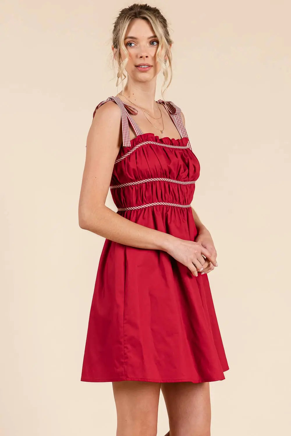 Gameday Cotton mini dress with gingham binding details: MAROON / L BABY PINK