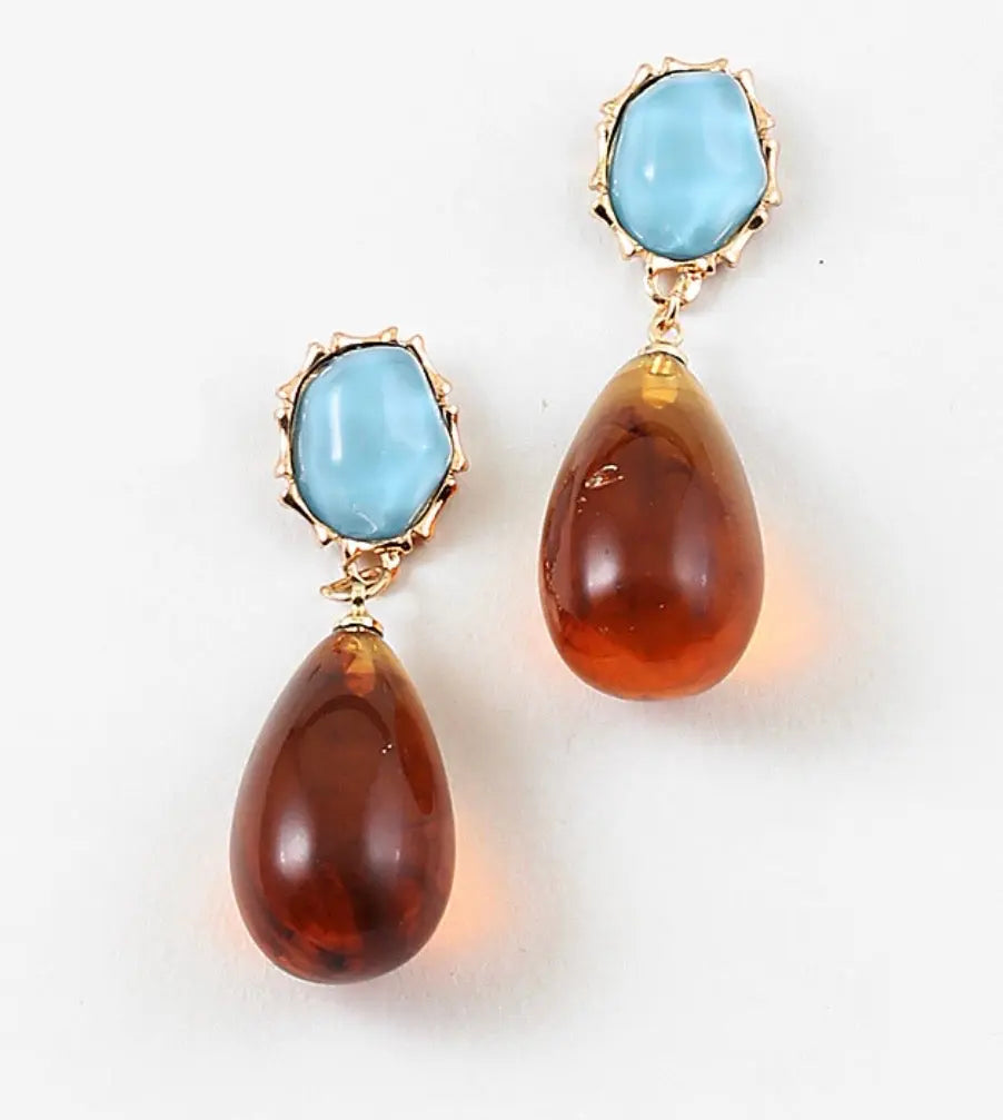 Aqua & Tortoise Resin Teardrop Statement Earrings