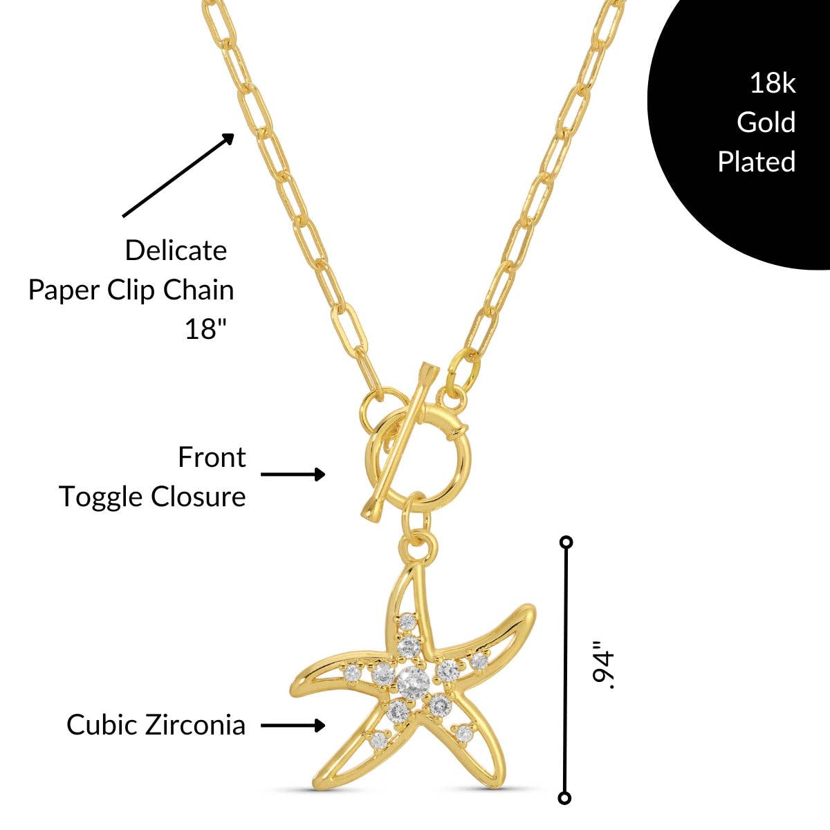 Gold Starfish Toggle Necklace | Coastal Beach Pendant Necklace | Paperclip Chain CZ Starfish Jewelry | 18K Gold Plated Statement Necklace