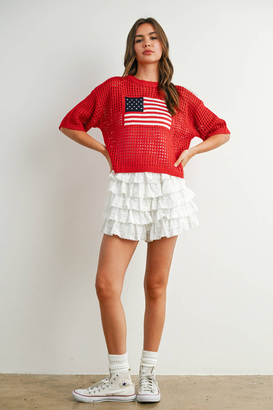 Red American Flag Open Knit Sweater Top | Lightweight Patriotic Crochet Pullover