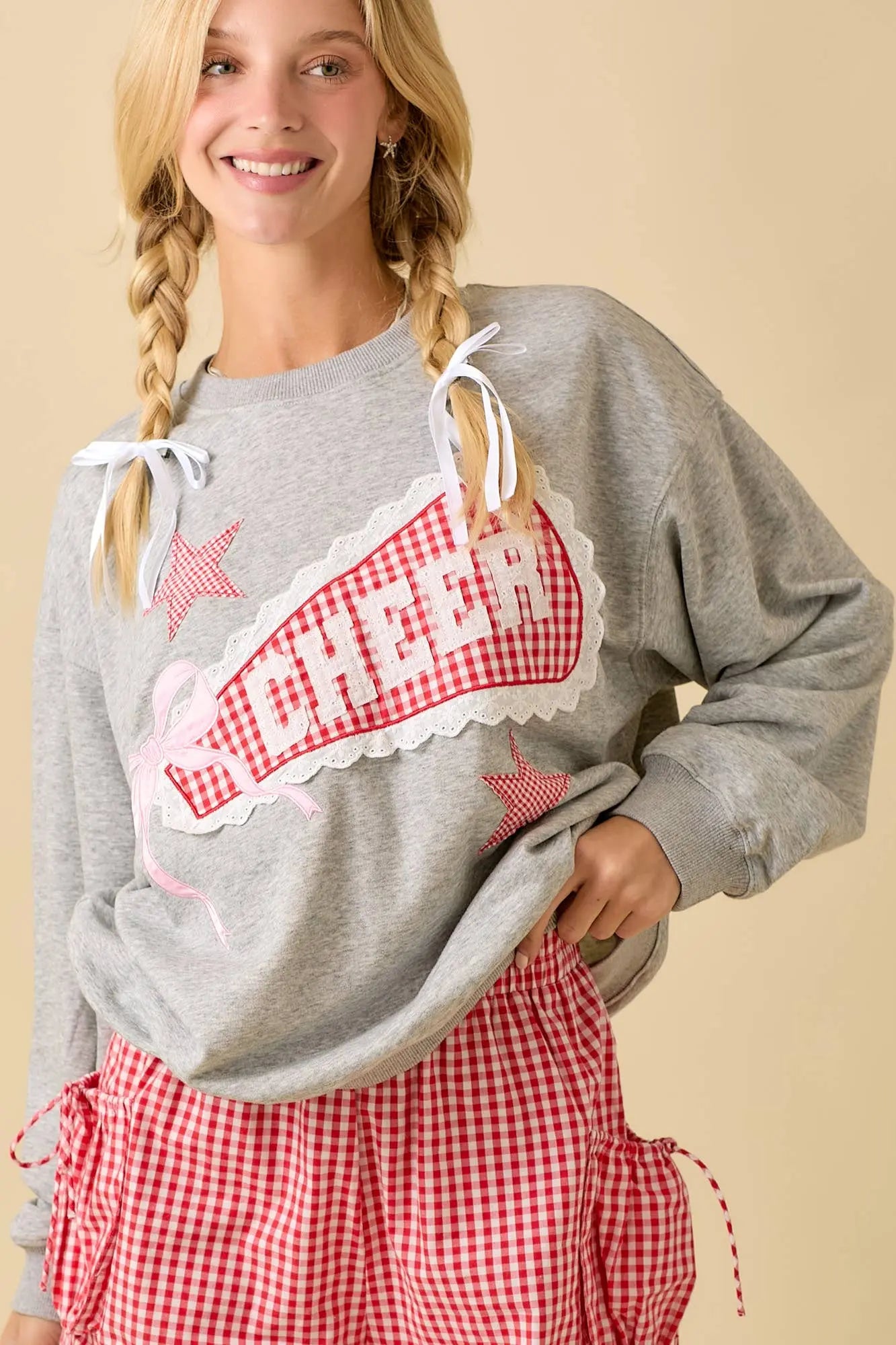 Game Day Cheer Patchwork Long Sleeve Crewneck Top: HEATER GREY / S Main Strip