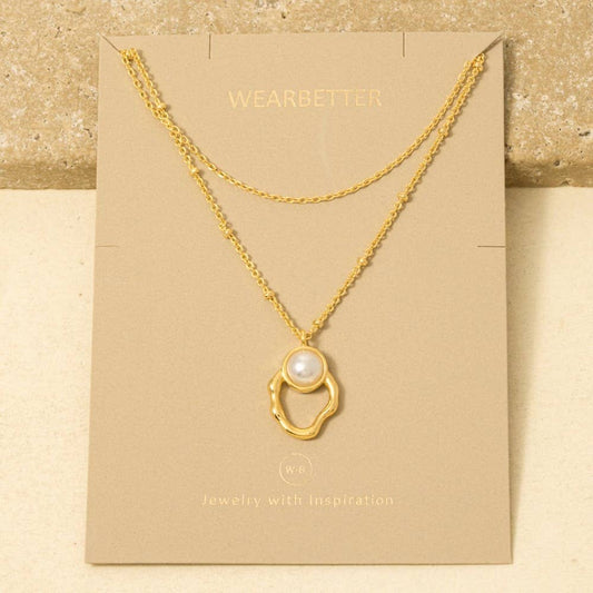 The Petite Pearl Standard- Chain Layered Pearl Stud Oval Pendant Necklace