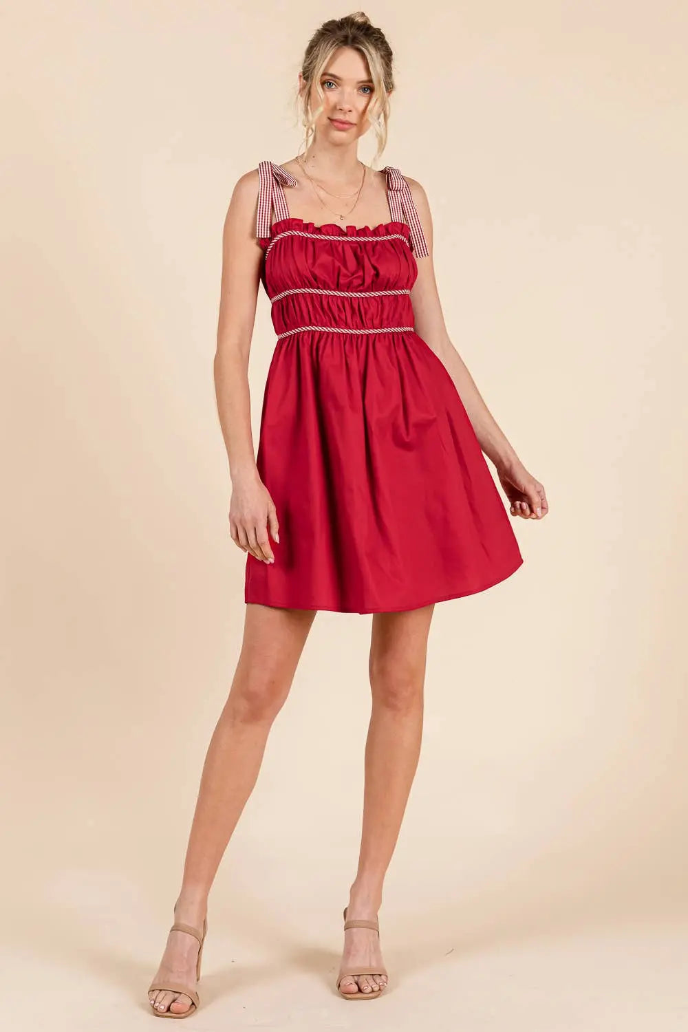 Gameday Cotton mini dress with gingham binding details: MAROON / L BABY PINK