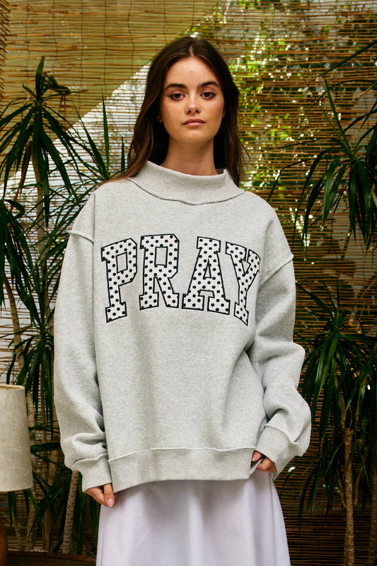 Polka Dot PRAY Appliqué Oversized Mock Neck Sweatshirt