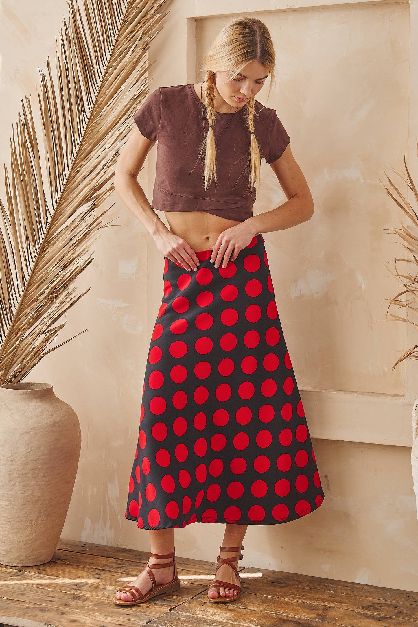 Red & Black Polka Dot Midi Skirt – Classic Statement Skirt