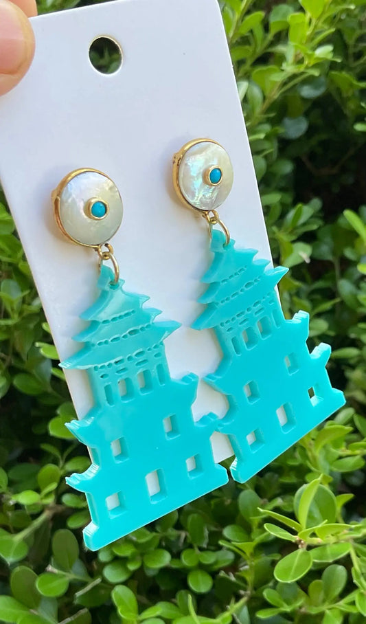 Pagoda chinoiserie turquoise vintage style earrings American Graham