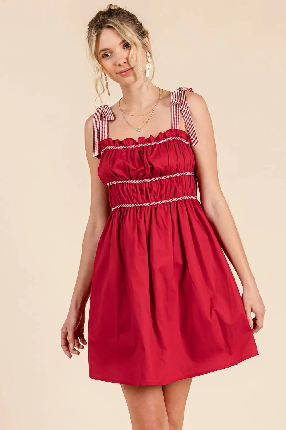 Gameday Cotton mini dress with gingham binding details: MAROON / L BABY PINK